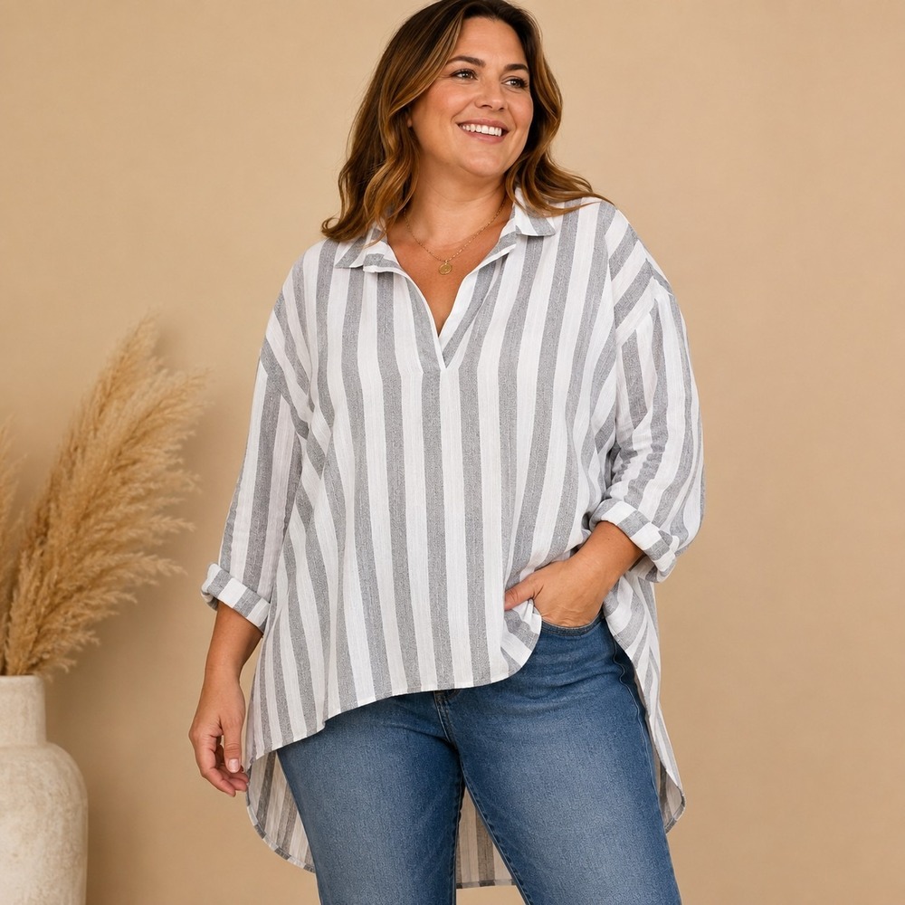 Umgee Gray Striped Tunic Top Women's Large Coastal Nautical Fisherman Resort